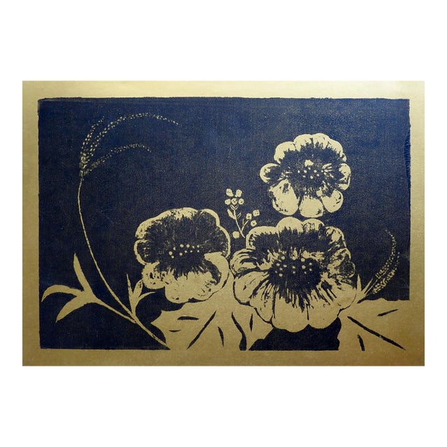 Late 20th Century Metallic Gold and Black Floral Serigraph For Sale