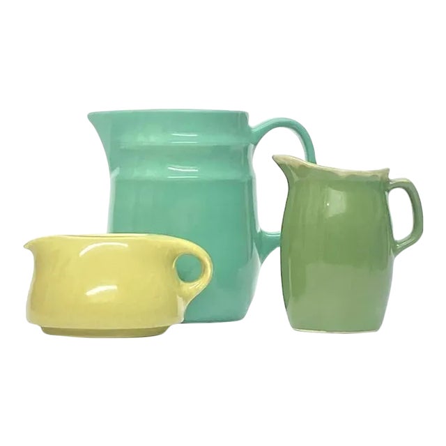 Mid 20th Century Eclectic Mixed Greens Ceramic Pitcher Curation - Group of 3 For Sale