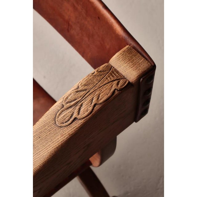 Danish Art Nouveau Cabinetmaker Armchair in Oak and Saddle Leather, 1920s For Sale - Image 11 of 17