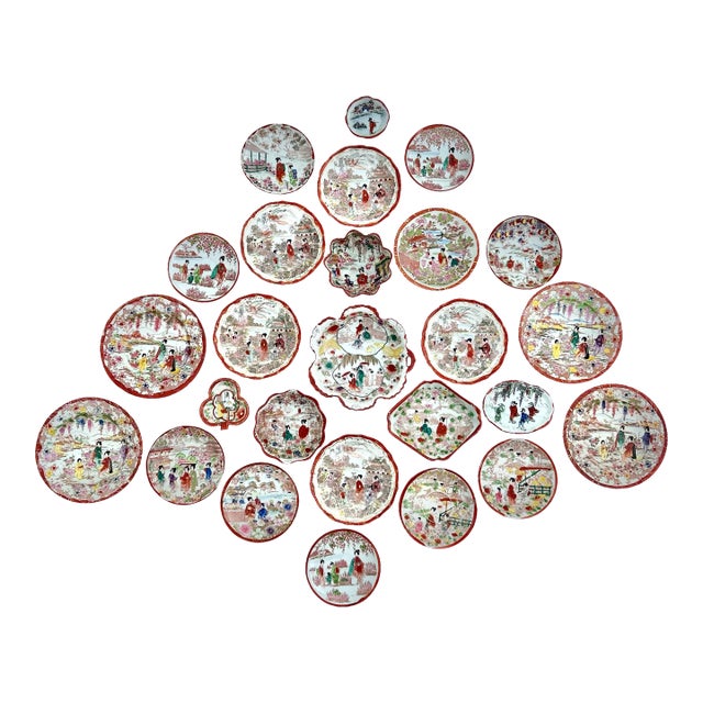 1920’s Antique Japanese Chinoiserie Hand Painted Traditional Geisha Girl & Pagoda Plates & Small Bowls - A 26 Piece Set For Sale