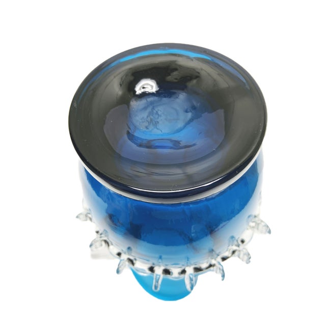 Vintage Murano Style Blue Glass Pinched Spout Pitcher Protruding Clear Glass Design For Sale - Image 4 of 7