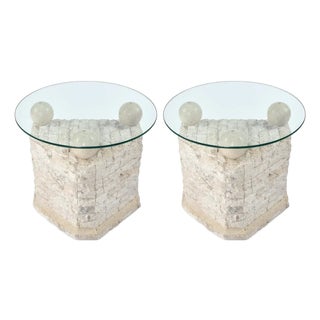 Pair of Tessellated Mactan Stone Side Tables With New Round Glass Tops For Sale