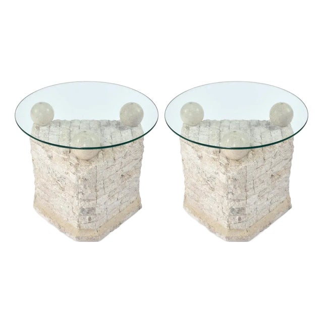 Pair of Tessellated Mactan Stone Side Tables With New Round Glass Tops For Sale