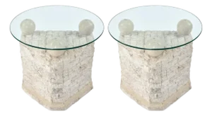 Pair of Tessellated Mactan Stone Side Tables With New Round Glass Tops