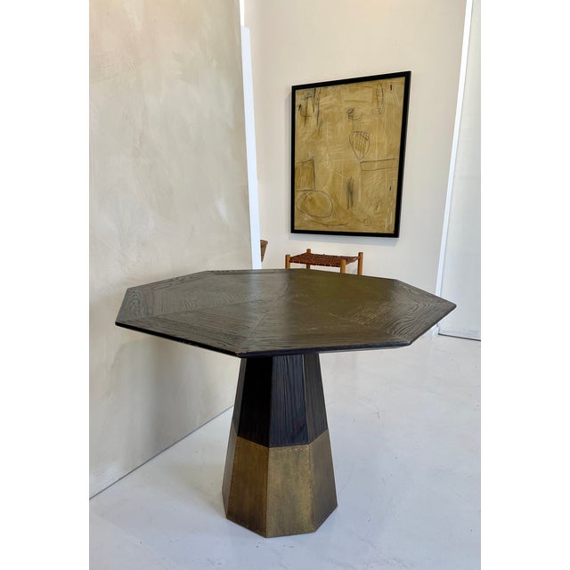 Mid 20th Century Octagonal Wood Pedestal Table With Brass Base, Sculptural Postmodern Design For Sale - Image 4 of 6