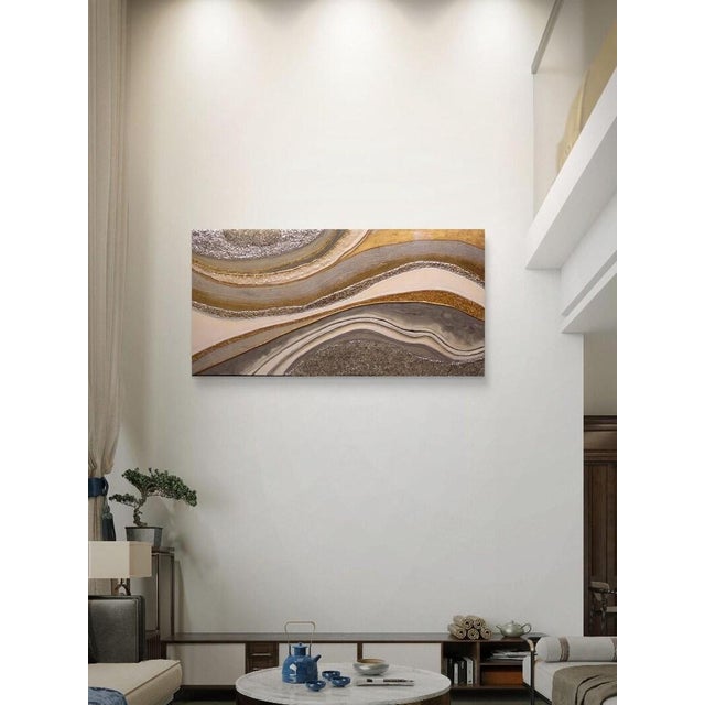 Silver Resin Geode Painting, Gold Leaf and Crushed Glass (48"x24") For Sale - Image 8 of 10