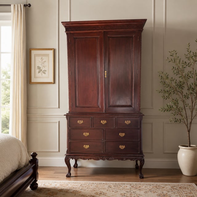 A handsome Georgian-style linen press or armoire crafted in richly toned mahogany, offering both visual presence and...