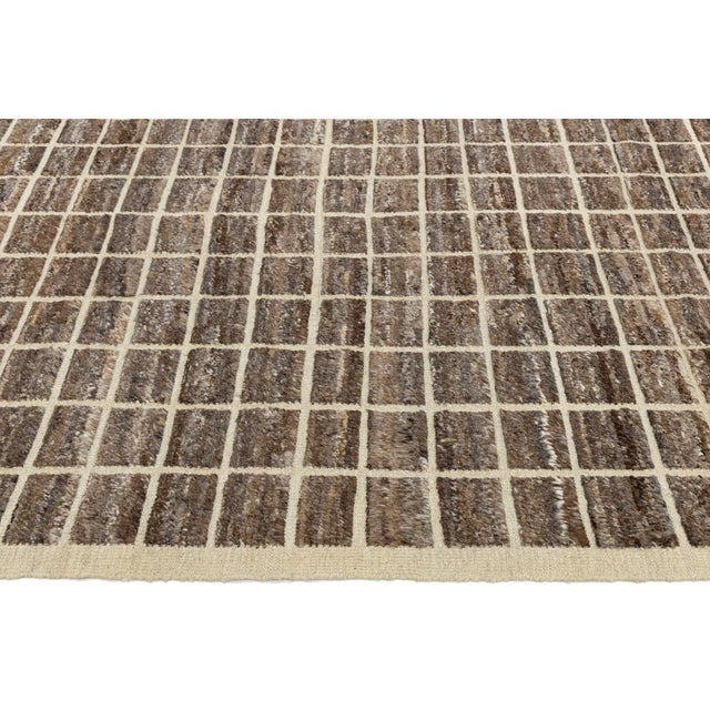 12x16 Brown Modern Moroccan Style Grid Hand-Knotted Wool Area Rug For Sale In New York - Image 6 of 9