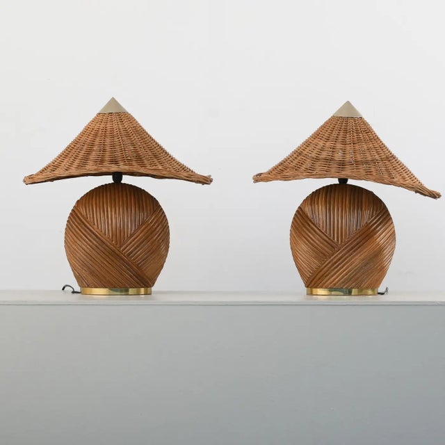 Contemporary Contemporary Pair of Pencil Reed Rattan 'Deka' Table Lamp For Sale - Image 3 of 6