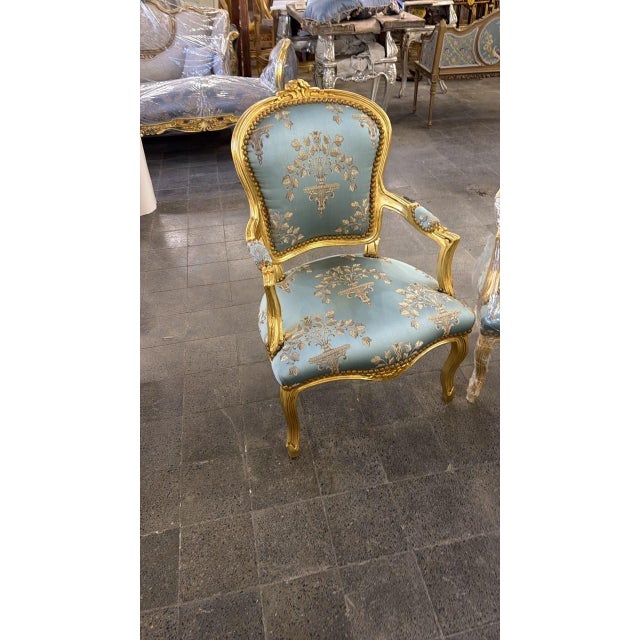 Rococo 1960s French Louis XV Rococo Armchairs Blue Damask Upholstery Salon Accent Chairs For Sale - Image 3 of 6