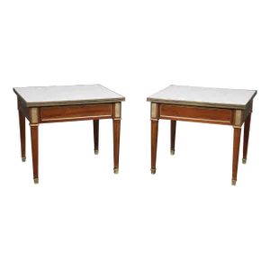 Pair Maison Jansen Carrara Marble Top and Oromolu Mounted End Tables