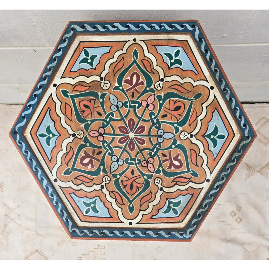 Moroccan Hexagonal Hand Painted Wooden Side / Orange Zouak | Chairish