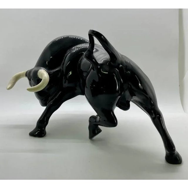 1950's Ceramic Black Bull Figurine With White Horns, a Pair For Sale - Image 4 of 13