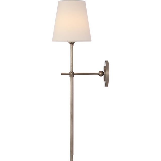 Thomas O'Brien for Visual Comfort Signature Bryant 27" Cordless Tail Sconce in Antique Nickel with Linen Shade For Sale In Houston - Image 6 of 13