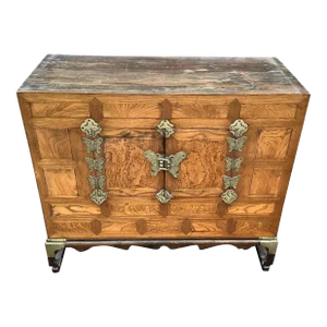 Late 19th Century Antique Korean Asian Beryl Wood Butterfly and Bats Wedding Chest With Base.