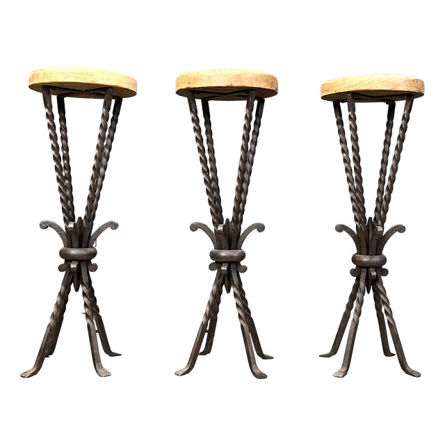Vintage French Wrought Iron Bar Stools, 1960s, Set of 3 For Sale