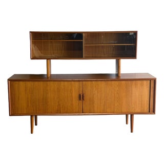 In Style of Svend Aage Larsen for Faarup Mobelfabrik Danish Teak Tambour Credenza With Glass Display Hutch Danish Vintage 1960s For Sale