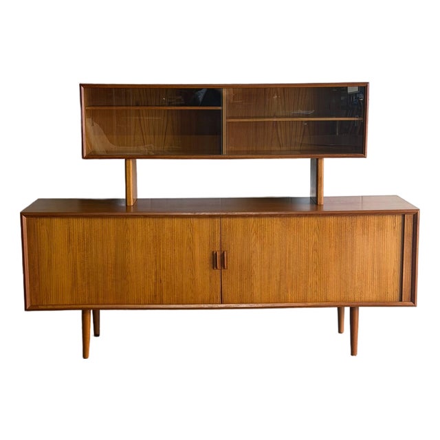 In Style of Svend Aage Larsen for Faarup Mobelfabrik Danish Teak Tambour Credenza With Glass Display Hutch Danish Vintage 1960s For Sale