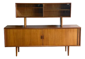 In Style of Svend Aage Larsen for Faarup Mobelfabrik Danish Teak Tambour Credenza With Glass Display Hutch Danish Vintage 1960s