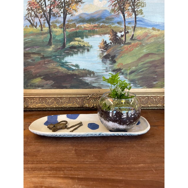 Handmade Studio Pottery Tray With Blue Abstract Glaze and Textured Underside For Sale In Seattle - Image 6 of 9