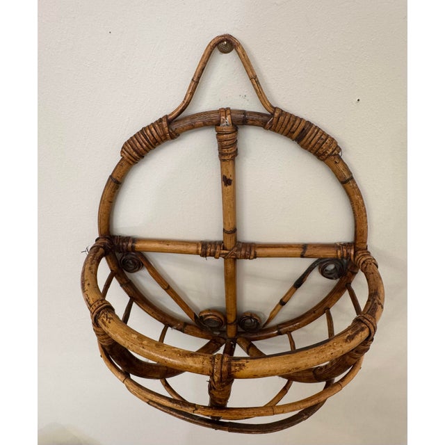 Mid 20th Century Vintage Boho Chic Bamboo & Rattan Round Wall Pocket For Sale - Image 5 of 12