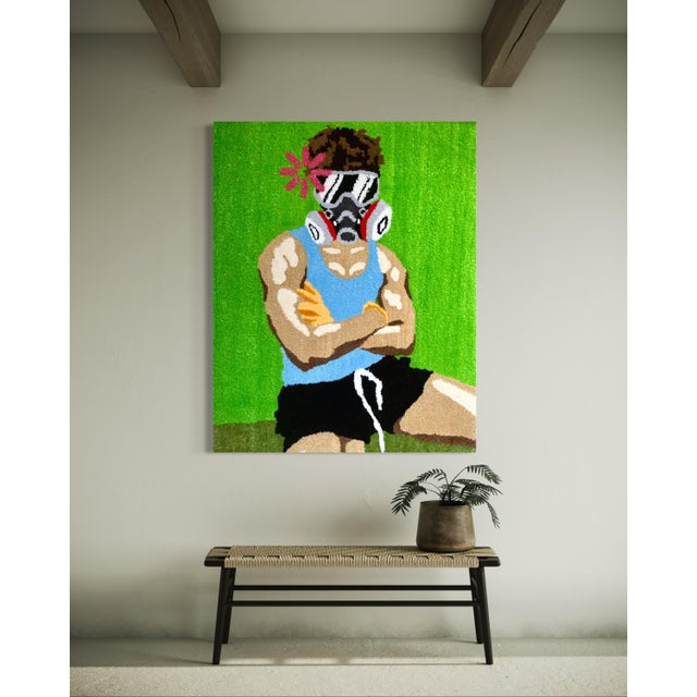 Green Cedric Vu "Do You Smell Fumes?" Tufted Yarn Work, Gas Mask Figure, Electric Green, Contemporary California Textile Art, Pop Art, 2025 For Sale - Image 8 of 8