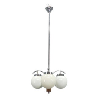 Art Deco Chandelier in Chrome, Walnut & Glass, 1930s For Sale