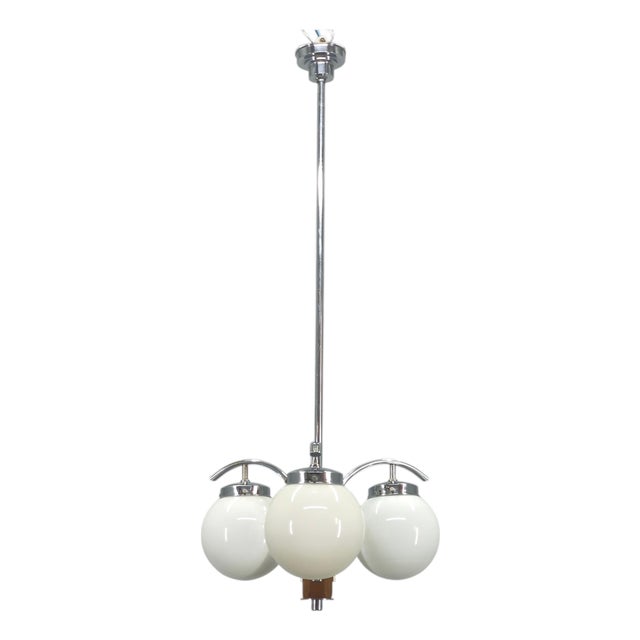 Art Deco Chandelier in Chrome, Walnut & Glass, 1930s For Sale