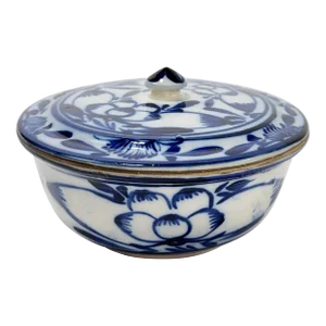 Antique English Flow Blue Style Lidded Porcelain Bowl