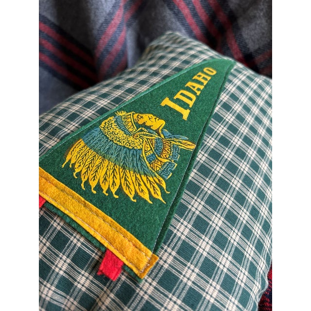 Description: Vintage Idaho Native American Felt Pennant from around the 1960s, unknown date. Sewn with new green plaid...