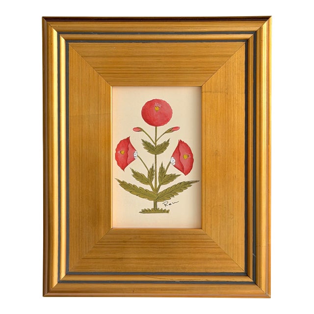 Original Hand-Painted Red Floral Motif Paining, Framed For Sale