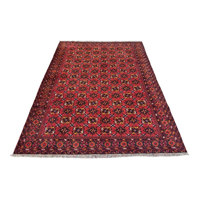 Red Afghan Andkhoy Hand-Knotted Wool Rug - 6'7" X 9'1" For Sale