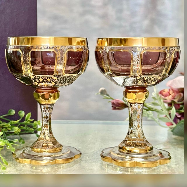 Art Deco Antique Steiner & Vogel Amethyst and Gold Champagne Coupes Moser Styled - A Pair For Sale - Image 3 of 12