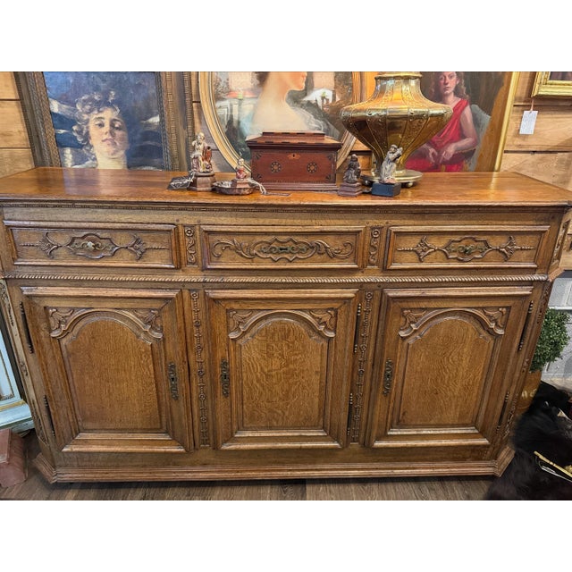 Wood Mammoth 18th Century Oak Buffet- Beautiful Carved Details For Sale - Image 7 of 12