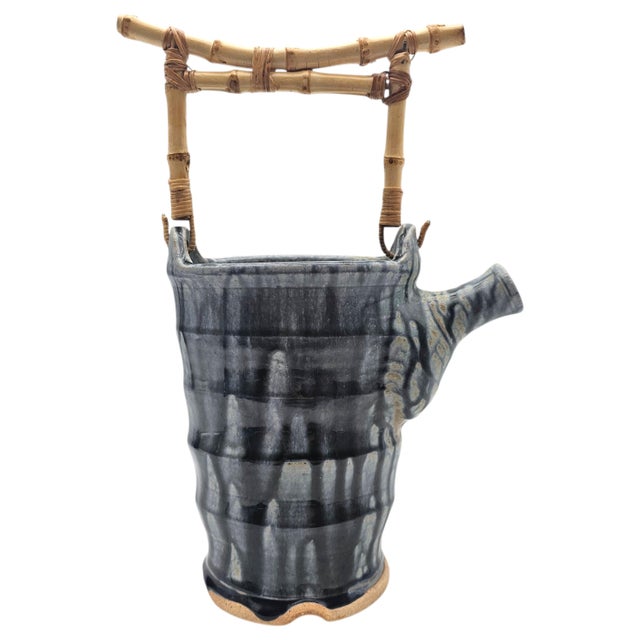 John Kinder Bend Oregon Studio Pottery Teapot Planter Bamboo Handle 12.5" For Sale - Image 10 of 13