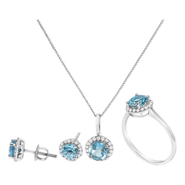 10K White Gold Blue Topaz and 3/8 Cttw Diamond Halo Jewelry Set (Earrings, Pendant & Ring) For Sale