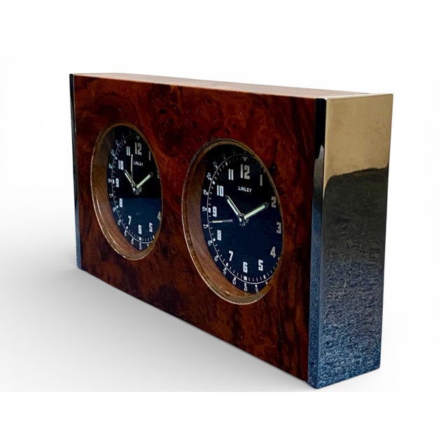 Modern Linley Walnut Burl and Chrome Dual-Time Desk Clock, 2005 For Sale - Image 3 of 18