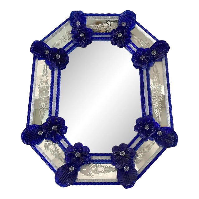 Italian Octagonal Murano Glass Mirror with Blue Floral Carved Detailing by Simoeng for Simoeng For Sale - Image 9 of 9