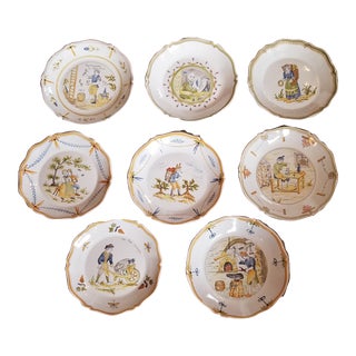 1970s French Faience Plates Collection- Set of 8 For Sale