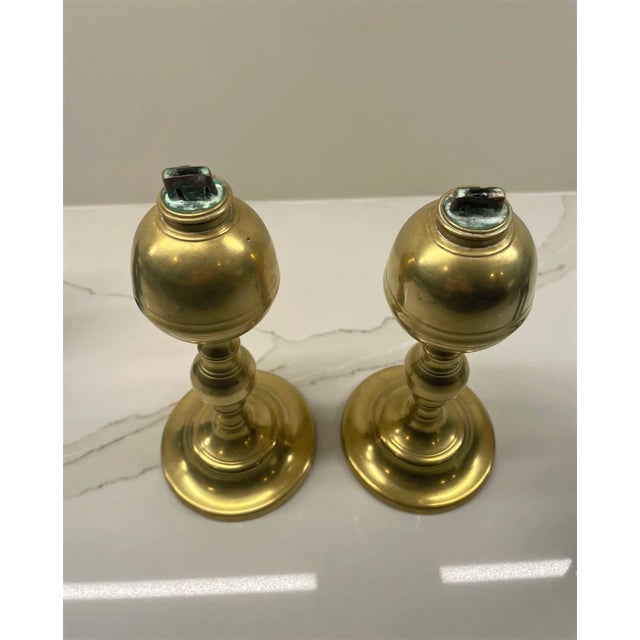 Pair of Brass Baluster-stem Whale Oil lamps with original double-tube threaded burner, believed to be American and from...