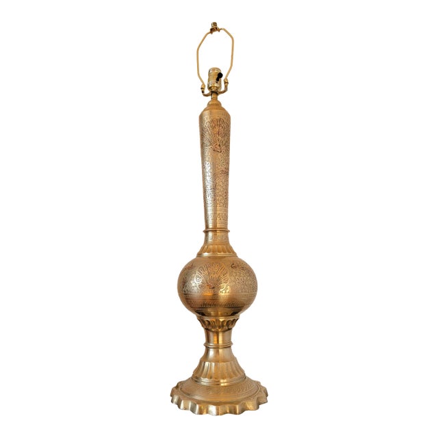 Vintage Hand Painted Brass Side Table Lamp From India For Sale