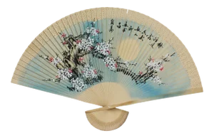 Chinese Handmade Fan Shape Flower Theme Wood Painting