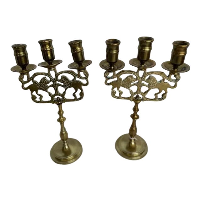 Brass Three Light Candle Holders For Sale