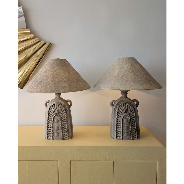 A pair of Brutalist pottery lamps by Vanguard, USA, 1970s. They have a very Bernard Rooke look. Original textured wide...