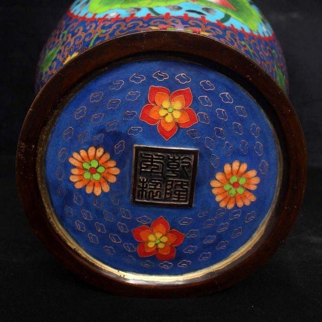 Large Pair of Chinese Cloisonné Enamel Mandarin Duck & Lotus Jars With Lids - 19" Tall For Sale - Image 9 of 9
