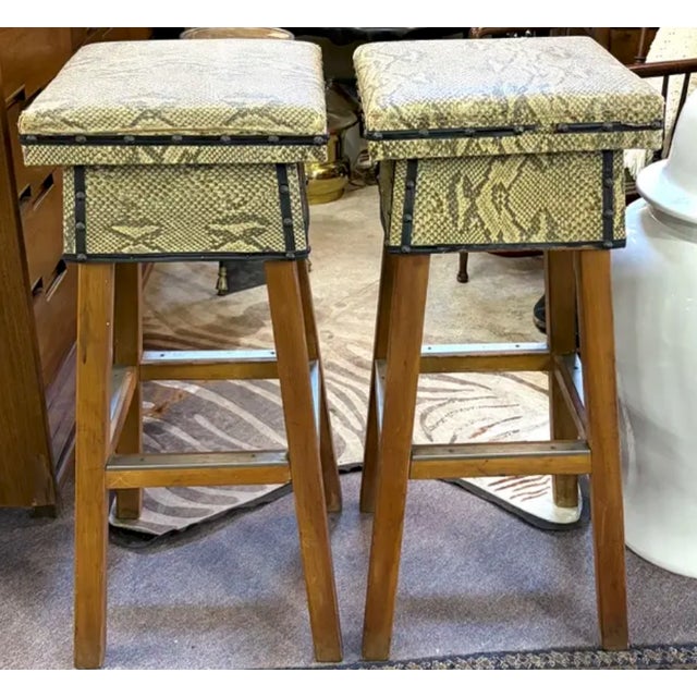 Mid Century Faux Snakeskin Upholstered Wood Stools - Signed and Dated 1971 For Sale - Image 4 of 15