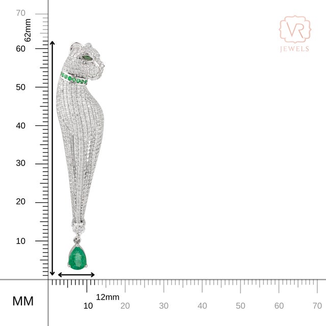 VRJewels Emerald Diamond Panther Contemporary Brooch & Pendant in 14k White Gold For Sale - Image 13 of 17