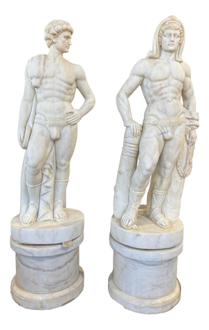 Figures on Round Bases in Solid Carrara Marble, Set of 2