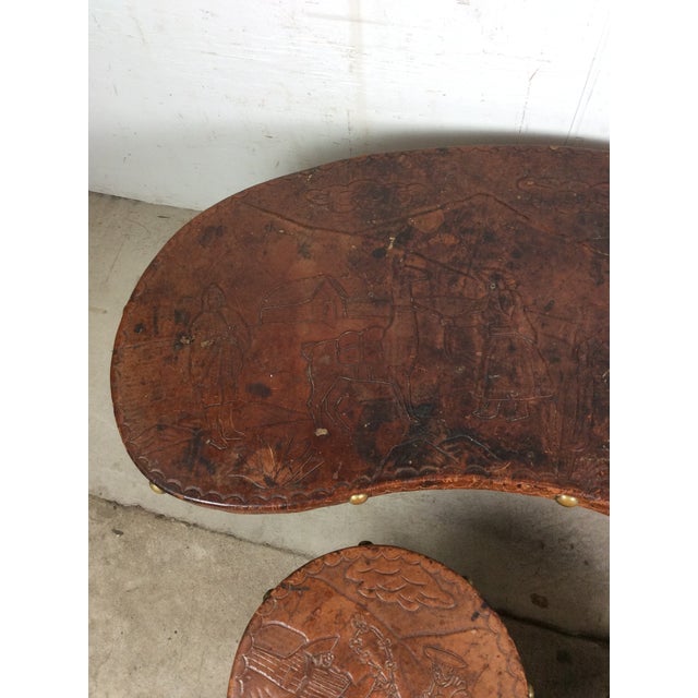 Mid Century Modern Embossed Leather and Teak Coffee Table and Matching Stools For Sale - Image 4 of 18