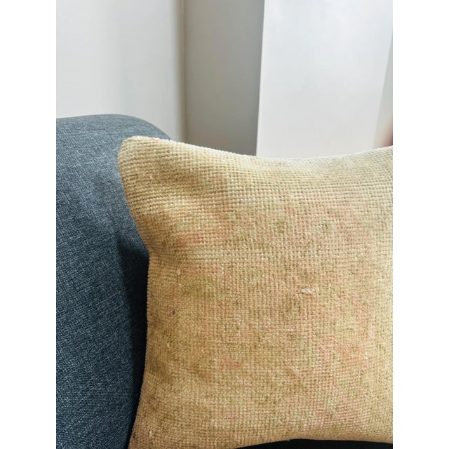 Vintage Turkish Rug Pillow Cover, Handwoven Wool Isparta Faded Abstract Cushion, Soft Ivory Peach Boho Pillow, 16x16 In For Sale - Image 10 of 12